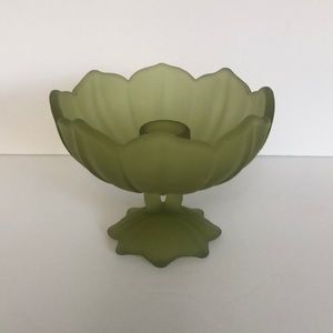 Vintage Green Satin Glass Lotus Flower Pedestal Taper Candle Holder